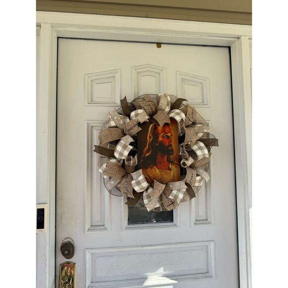 Everyay Year Round Neutral Color Jesus Mesh Ribbon Wreath Front Door Hanger - Picture 9 of 9